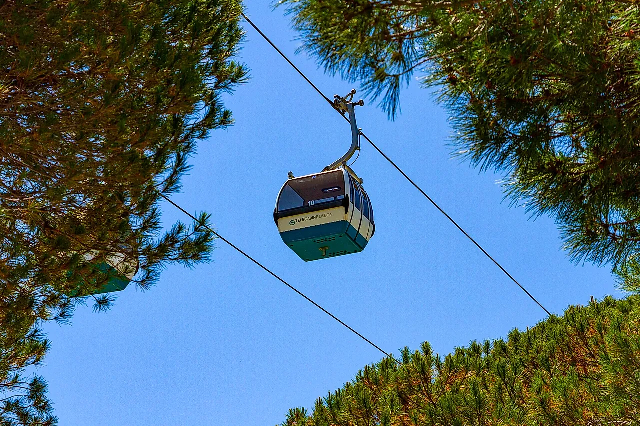 A cable car cabin gliding along its cable between pine trees in Parque das Nações